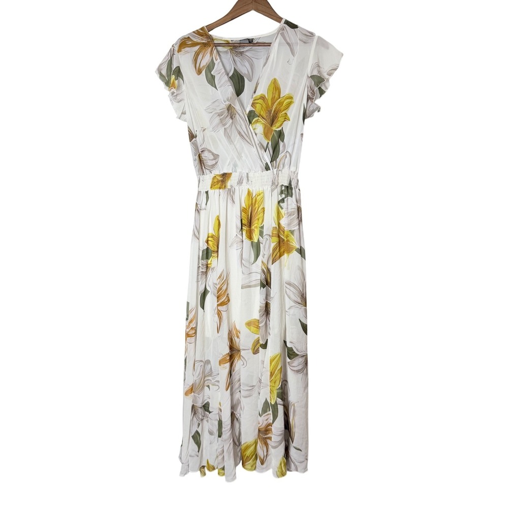 Kate and Lily Woman Floral‎ Maxi Dress Yellow White V-Neck Flutter Sleeve 14W